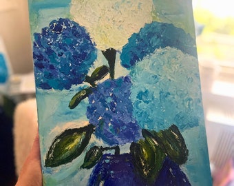 12x16 Original Acrylic "Centerpiece" Blue & Turquoise Hydrangea Flower Art