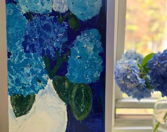 In Full Bloom Hydrangea 7 Flowers in a White Vase 12 x 24 inches original acrylic art