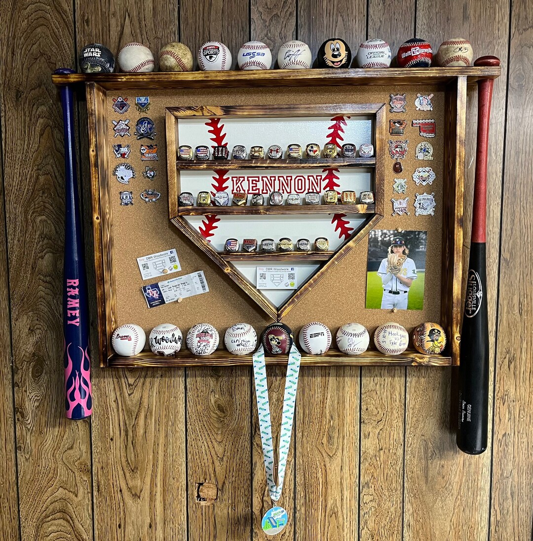 Large Baseball Championship Ring, Pin, Ball, and Bat Display Case