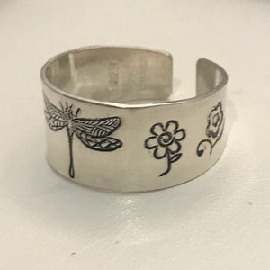 Dragonfly with Flowers on Sides  Sterling Silver Open Back Hand Stamped Ring #SR-067 sz.7  or Butterfly With Flowers #Sr-069 Choice of One