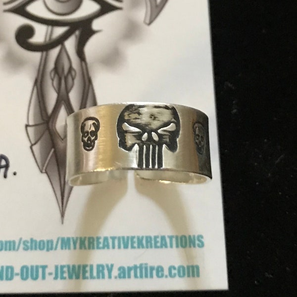 PUNISHER Sterling Silver Adjusts Open Back Tapered Hand Made PUNISHER Skull Centered with a Small Skull on the sides sz.10 ring #SR-128