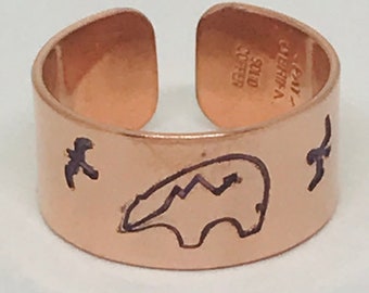 ZUNI BEAR Ring - Center Zuni Bear, And Eagles on Each Side- Copper Adjustable Open Back Ring Sizes Listed #CR-212