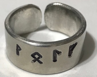 PEWTER WOLF Ring Open Back Hand Stamped Runes & a Wolf design on the ends 14ga. sz.8 can adjust up 2 sizes #PR-003