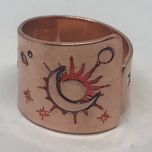 SUN & MOON Centered with Planets-Stars-Shooting Stars-and Moon Phases on End Copper Tapered Hand Made andStamped Ring Sizes Listed #CR-215