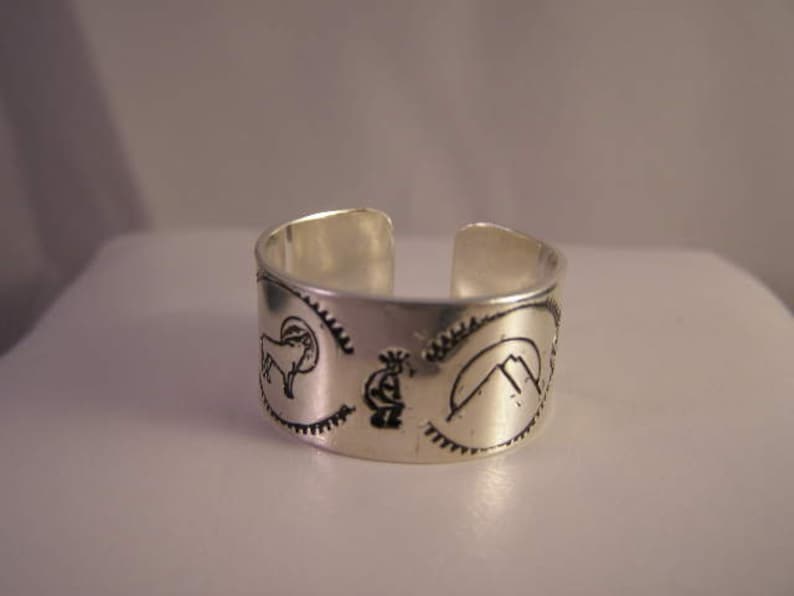 Sterling .925 Adjustable Open Back Hand Stamped NAVAJO-Mountains-Zuni Bear-howling Wolf-Tree-Kokopeli sz.13-15 Adjustable Ring Band #SR-042