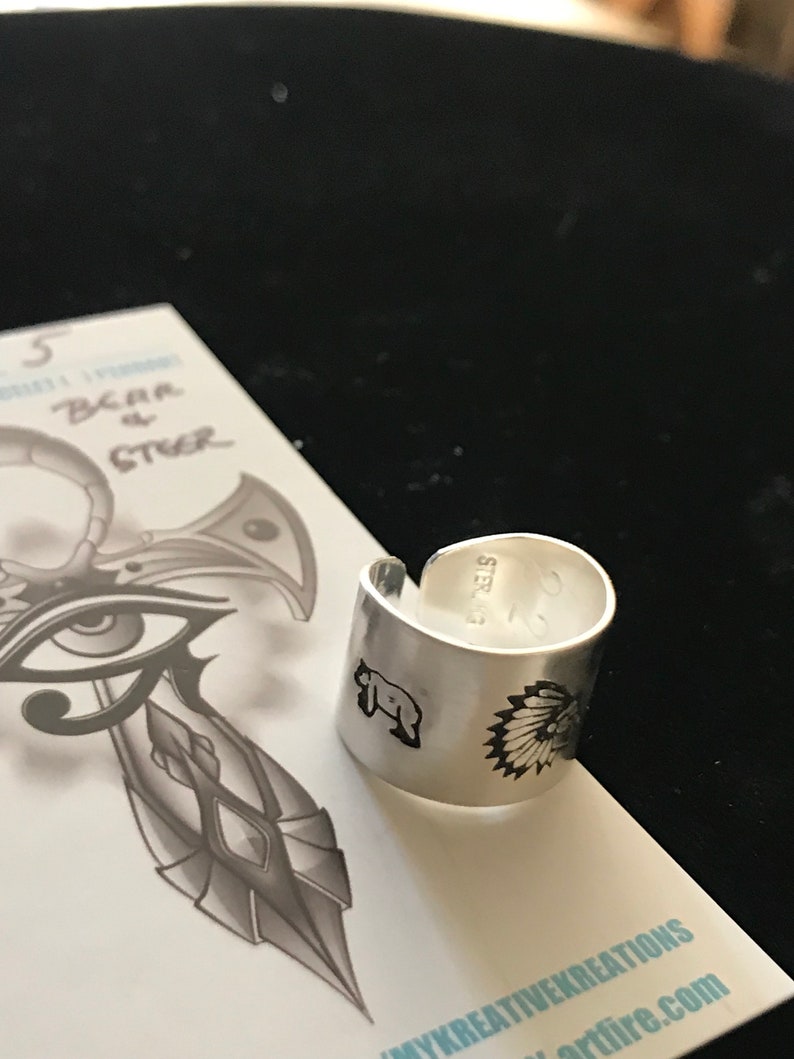 Sterling SilverOpen Back Tapered Hand Stamped Indian Chief Centered with a Bear /& Steer on sides sz.5 #Sr-120 or sz.5 12 #SR-121