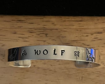 WOLF Stamped Sterling Silver 6" x 3/8"  Cuff Bracelet with Wolf's and Ruen Symbols for Wolf on Each Side #SB-023