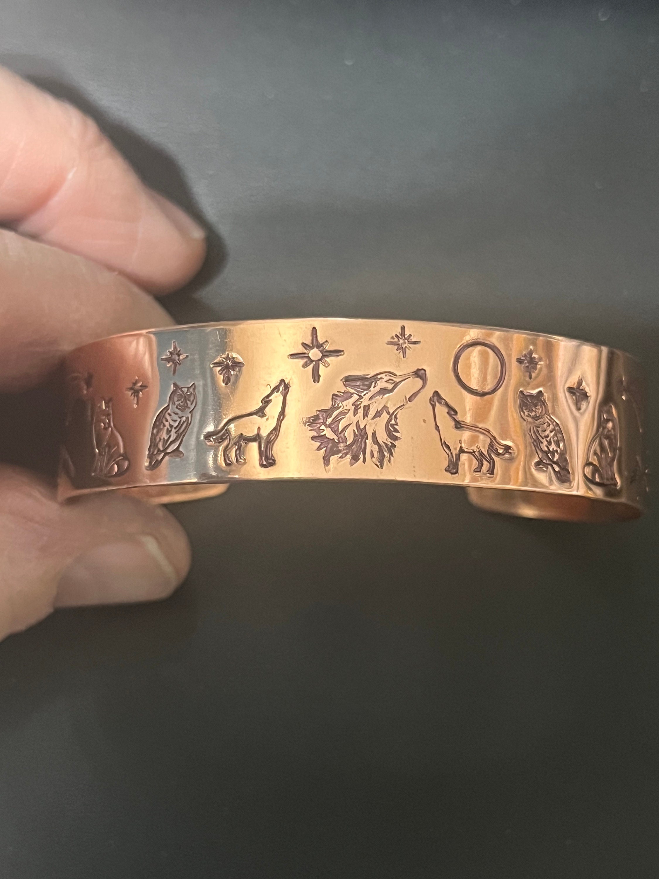 WOLF'S Howling With Owls and Fox on Sides Hand Crafted Solid Copper Bracelet -Mountains-Stars &a