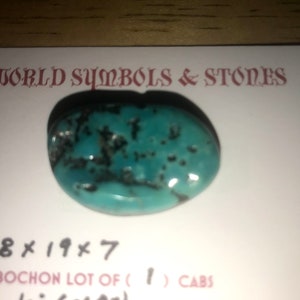 May include: A turquoise cabochon stone with black veins and a smooth, polished surface. The stone measures 28 x 19 x 7 mm.