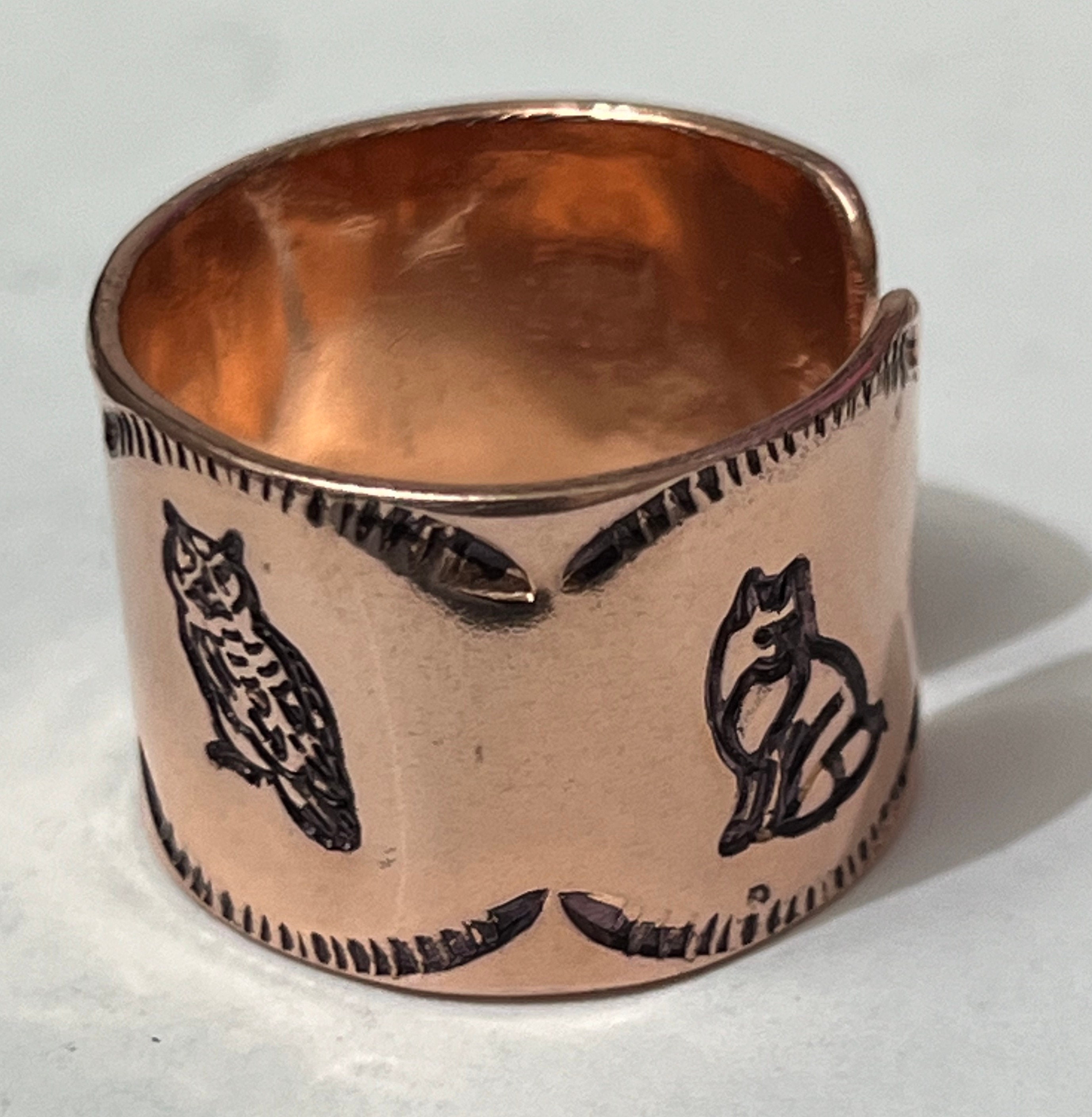 OWLS with FOX Deco Windows Around Animals, Adjustable Open Back Hand Stamped sz.8 Copper Ring Band #