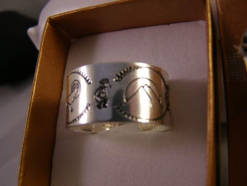 Sterling .925 Adjustable Open Back Hand Stamped NAVAJO-Mountains-Zuni Bear-howling Wolf-Tree-Kokopeli sz.13-15 Adjustable Ring Band #SR-042
