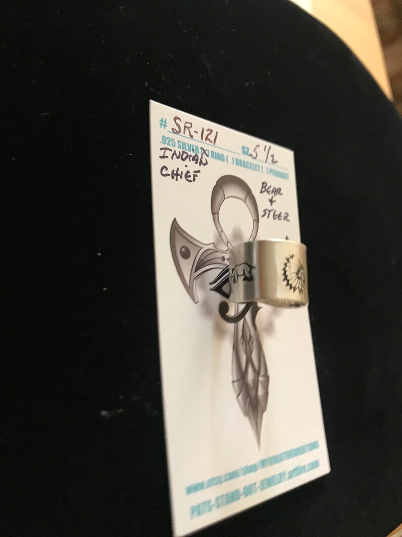 Sterling SilverOpen Back Tapered Hand Stamped Indian Chief Centered with a Bear /& Steer on sides sz.5 #Sr-120 or sz.5 12 #SR-121