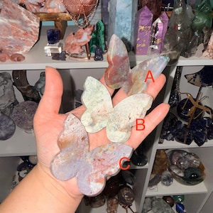 May include: Three stone butterfly figurines in shades of red, green, and purple are held in a hand. The butterflies are displayed against a backdrop of various crystals and gemstones on shelves. The butterflies are labeled A, B, and C.