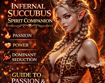 May include: Digital art of a woman with blonde braids, wearing a leopard print outfit and a horned headpiece. Text reads "TIER 1 INFERNAL SUCCUBUS SPIRIT COMPANION" and "GUIDE TO PASSION & CONTROL!" with icons for passion, power, and dominant seduction.