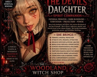 May include: A digital graphic featuring a pale-skinned character with white hair, amber eyes, and a red cross mark on the cheek. The text reads The Devil's Daughter Spirit Companion, listing various spiritual benefits and The Woodland Witch Shop.