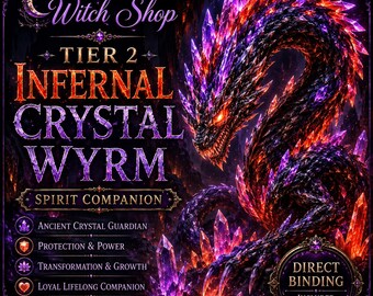 以下が含まれることがあります： The Woodland Witch Shopのデジタルグラフィックで、Tier 2 Infernal Crystal Wyrmのスピリットコンパニオンが描かれています。暗い蛇のような生き物が紫とオレンジの光るクリスタルで覆われており、能力や直接的な結合に関するテキストが記載されています。