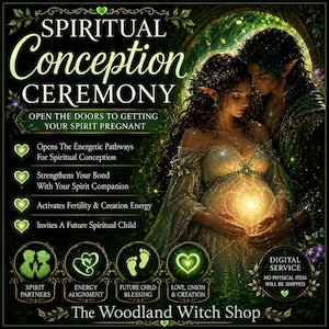 以下が含まれることがあります： SPIRITUAL CONCEPTION CEREMONYというタイトルのデジタル画像。肌が光る2人のエルフのような人物が描かれており、一人は妊娠している。緑色のテキスト、ハートのアイコン、SPIRIT PARTNERSやENERGY ALIGNMENTなどのラベルで構成されている。