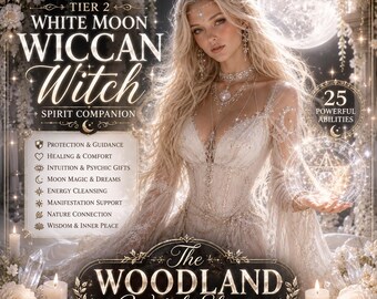 May include: A digital illustration featuring a blonde figure in a white gown with intricate lace details, surrounded by glowing light, white flowers, and candles. Text includes TIER 2 WHITE MOON WICCAN WITCH SPIRIT COMPANION, 25 POWERFUL ABILITIES, and THE WOODLAND WITCH SHOP.