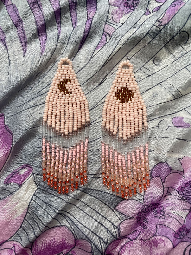 Pink Golden Hour Moon Sun Beaded Earrings Dangle Fringe