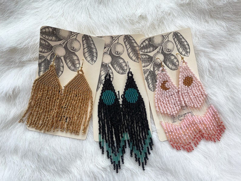 Pink Golden Hour Moon Sun Beaded Earrings Dangle Fringe