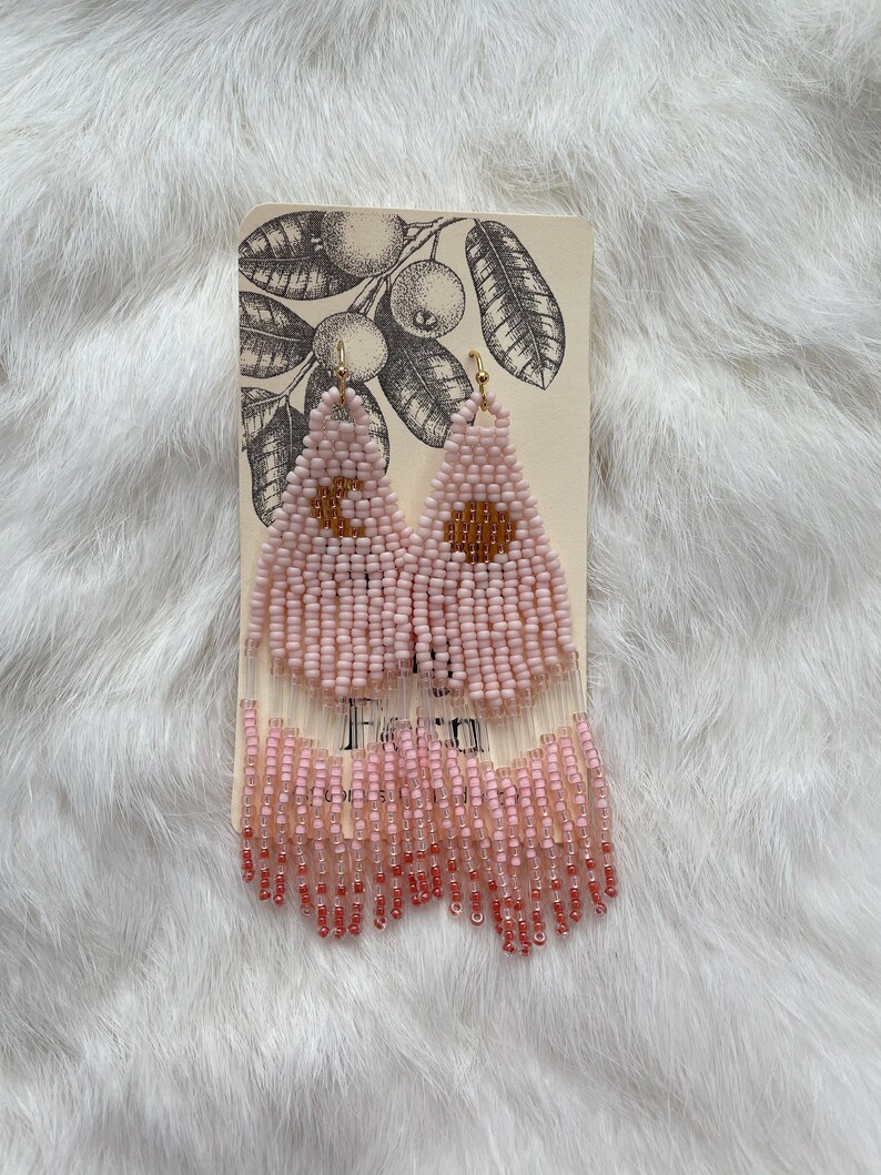 Pink Golden Hour Moon Sun Beaded Earrings Dangle Fringe