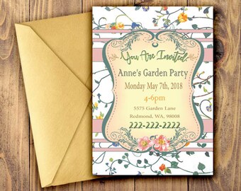 DIY Whimsical Flower Garden Tea Party CUSTOM Invitation Download (PDF) 5x7 (Birthday Invitation, Bridal Shower, Custom Party Invitation).