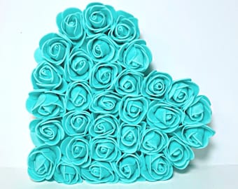 Turquoise Foam Rose Heart Ornament, Freestanding Aquamarine Flower Heart, 15cm Wooden Floral Heart Decoration, 3D Wood Heart Accent