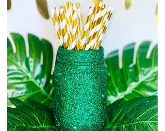 Jungle Green Glitter Mason Jar, Jungle Party Accessory, Glitter Table Decor, Party Table Decoration, Forest Green Straw Holder, Forest Theme