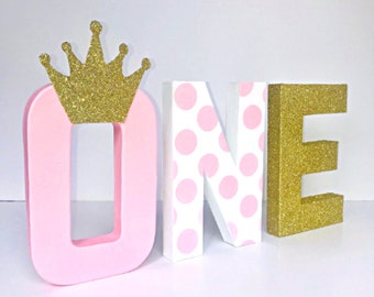 Pink and Gold One, Princess themed One, 1st Birthday Party, First birthday Photo Prop, Paper Mache One, Girl Birthday Party Decor