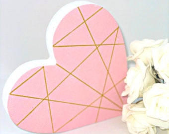 Pink & Gold Geometric Heart, 15cm Wooden Heart Decoration, 3D Freestanding Heart Ornament, Hand Painted Pink Heart Accent, Large Heart Decor