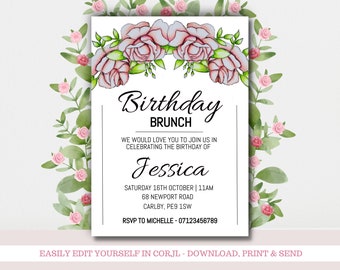 Pink Floral Birthday Brunch Digital Invitation, Adult Birthday Party Digital Invite, Instant Download Printable, Editable Corjl Template