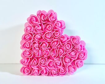 Pink Floral Heart Ornament, 15cm Wood Flower Heart, Freestanding 3D Heart Decoration, Foam Rose Wooden Heart Accent, Rose Heart Accessory