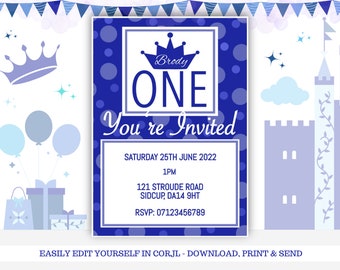 Navy Blue 1st Birthday Invitation Template, Baby Boy Turns One, Editable First Birthday Invite, Blue Polka Dot Party Digital Download