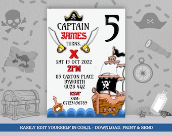 May include: A printable pirate-themed birthday party invitation for a child turning five. The invitation features a cartoon pirate ship, crossed swords, a pirate hat, and the text "Captain James Turns... 5". The invitation also includes the date, time, and address of the party, as well as an RSVP phone number.