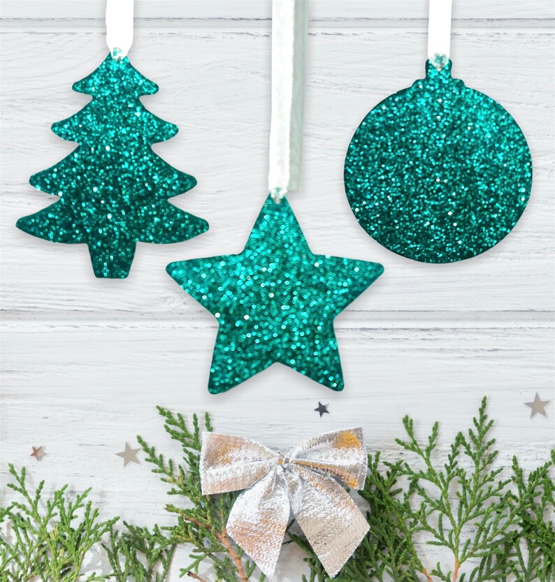 Green Bauble For Christmas Tree, Set of Christmas Decorations, Teal Christmas Tree Ornaments, Glitter Christmas Ornament, Hanging Decoration image 4