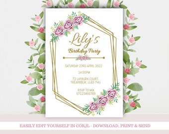 Pink Floral Birthday Party Invitation Template, Editable Girls Party Printable Invite, Digital Download, Instant Download, Corjl Template
