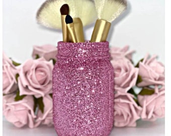 Pink Glitter Mason Jar, Glitter centerpiece, Wedding table decor, Make up brush holder, Party Table Decoration, Pink Flower Vase