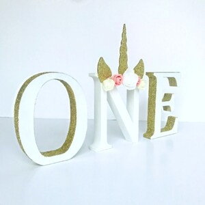 Unicorn One Freestanding Letters, One Table Decor, 1st Birthday Sign, Wooden One Photo Prop, Unicorn Party Decoration, First Birthday Theme image 2