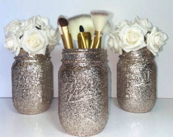 Champagne Gold Mason Jar Centerpiece Set of 3, Glitter Mason Jar Decor, Party Table Decoration Centerpiece, Wedding Table Centerpiece