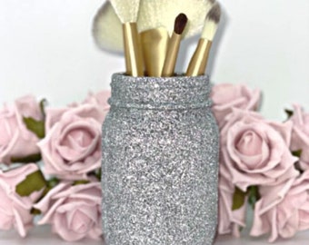 Silver Glitter Mason Jar, Mason Jar Centerpiece, Make up Holder, Glitter wedding table decor, Party Table Decoration, Silver Flower Vase