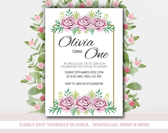 Girls 1st Birthday Floral Invitation Template, Pink Floral First Birthday Invite, Editable Invitation, Baby Girl Turns One Instant Download