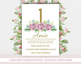 Rosa & Gold 1. Geburtstagseinladungsvorlage, bearbeitbare Mädchen zum ersten Geburtstag einladen, Baby-Mädchen dreht sich 1 Sofort-Download, hübsche Kleine