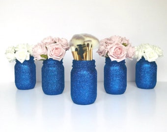 Navy Glitter Mason Jar Set, Wedding Table Jar Centerpiece, Glitter Make Up Brush Holder, Party Table Decor, Navy Blue Mason Vase Shelf Decor