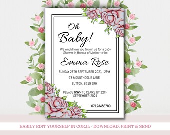 Pink Floral Baby Shower Invite Template, Editable Baby Shower Invitation, Oh Baby Shower Invite Printable, Instant Download Corjl template