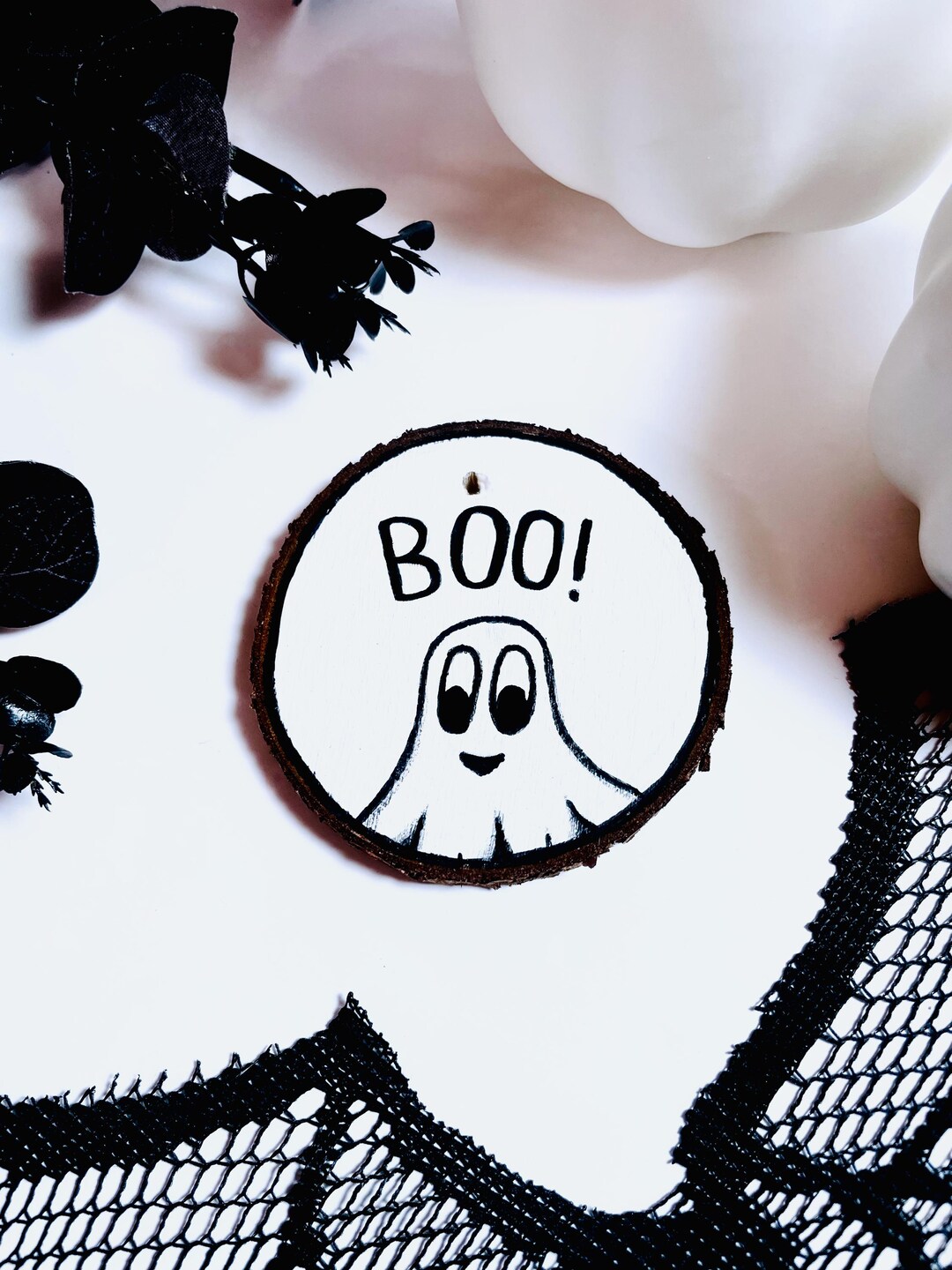 BOO Ghost Log Slice, Halloween Tree Ornament, Black & White Hanging ...