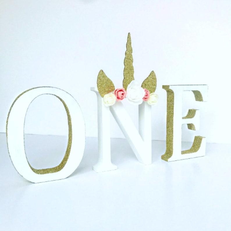 Unicorn One Freestanding Letters, One Table Decor, 1st Birthday Sign, Wooden One Photo Prop, Unicorn Party Decoration, First Birthday Theme image 1