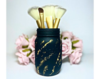 Black & Gold Make Up Brush Holder, Black and Gold Marble Effect Decor, Decorative Mason Jar, Make Up Organiser, Table Top Make up Storage