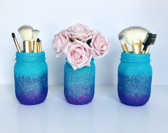 Mermaid Glitter Mason Jar set of 3, Mermaid Room Decor, Mermaid Party Table Decoration, Make up Brush Holder, Mermaid Centerpiece