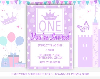 Purple 1st Birthday Digital Invitation Template, Polka Dot Lilac Girls Birthday Invite Instant Download, Turning One Party Invite
