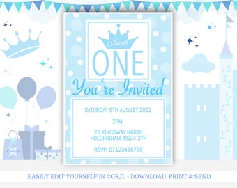 Baby Blue Polka Dot 1st Birthday Invitation Template, Editable Boys First Birthday Invite, Baby Boy Turns One Instant Download & Print